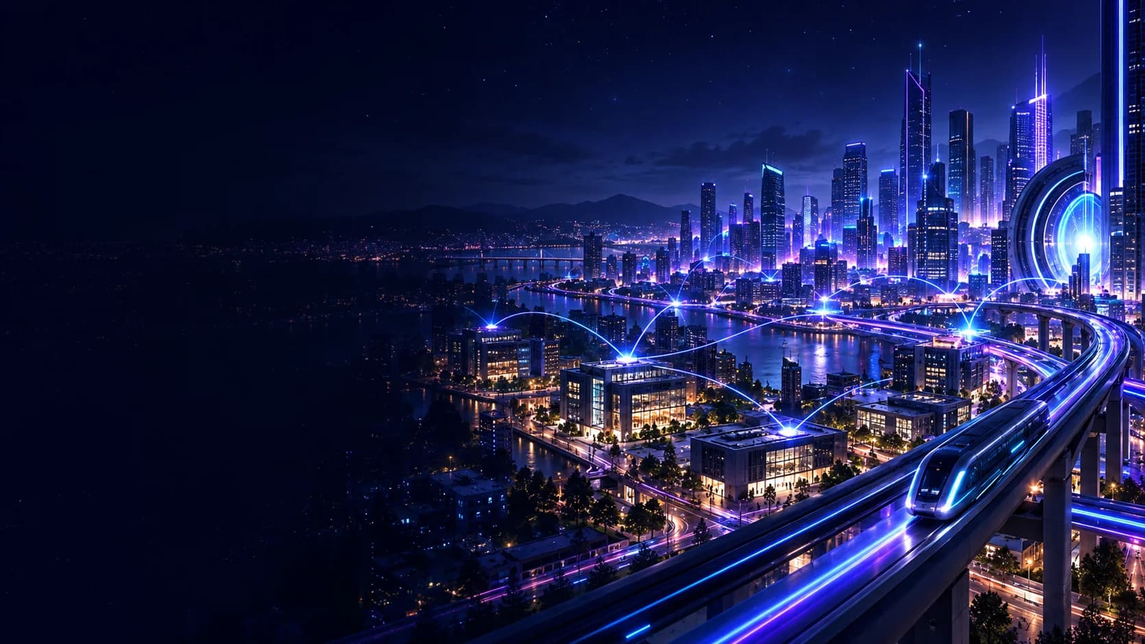 A luminous city connected by blue-violet network paths